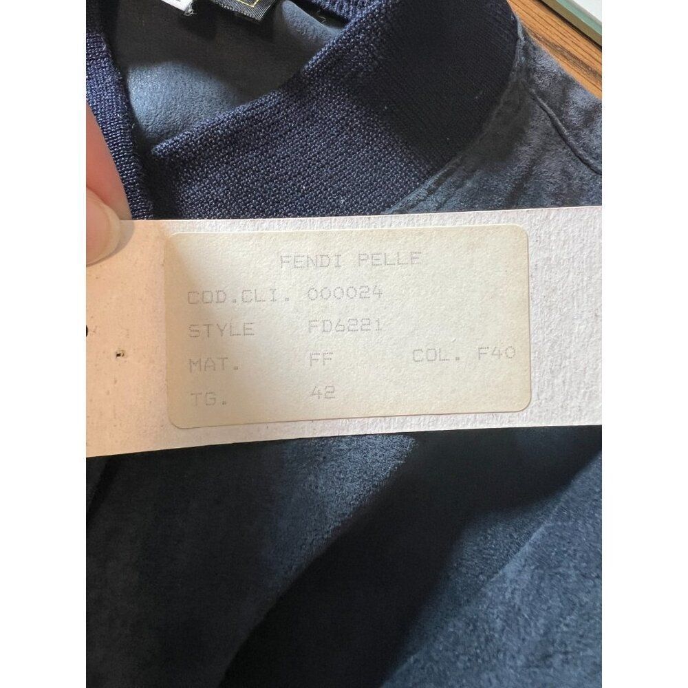 Vintage Fendi Suede Bomber Jacket Moto Leather SZ 42 Medium Navy Blue Logo NWT - Picture 9 of 11